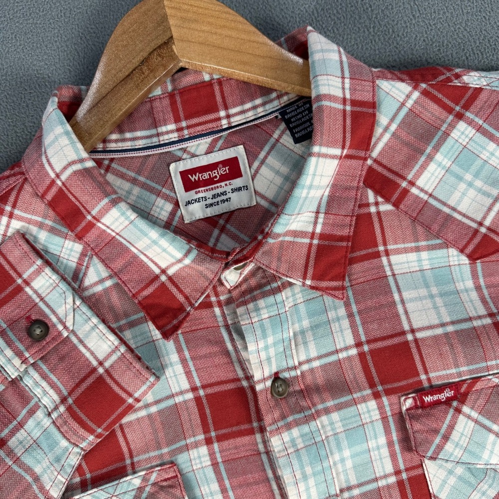 Wrangler Shirt Mens‎ 2XL Red Plaid Slim Fit Woven Twill Western Cowboy Rodeo New
